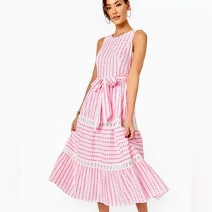Lilly Pulitzer Marbella Midi Dress Pink Isle Gingham Stripe Size 10 EUC Easter